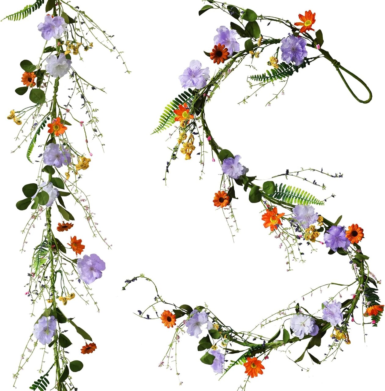 2 Pcs Artificial Daisy Garland – 6 ft Faux Hanging Vine with Purple Flowers, Eucalyptus & Boston Fern for Spring, Party, Sign Board, Home & Event Décor